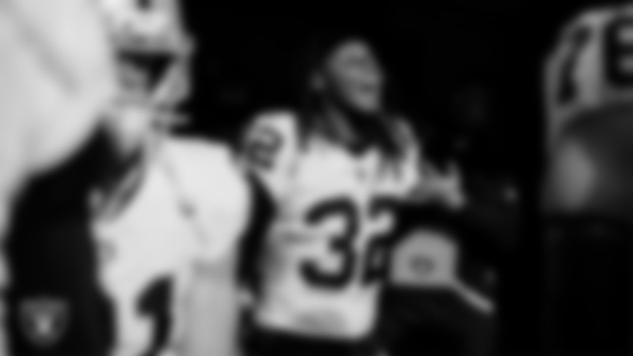 Las Vegas Raiders safety Lonnie Johnson Jr. (32) as the team is introduced onto the field before the regular season away game against the Los Angeles Chargers at SoFi Stadium.