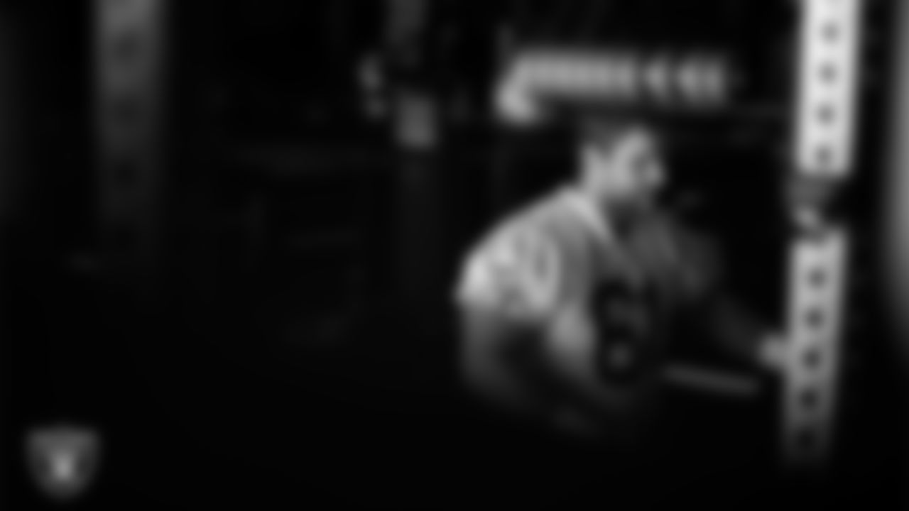 Las Vegas Raiders center/guard Jordan Meredith (61) in the weight room during practice at Intermountain Health Performance Center.