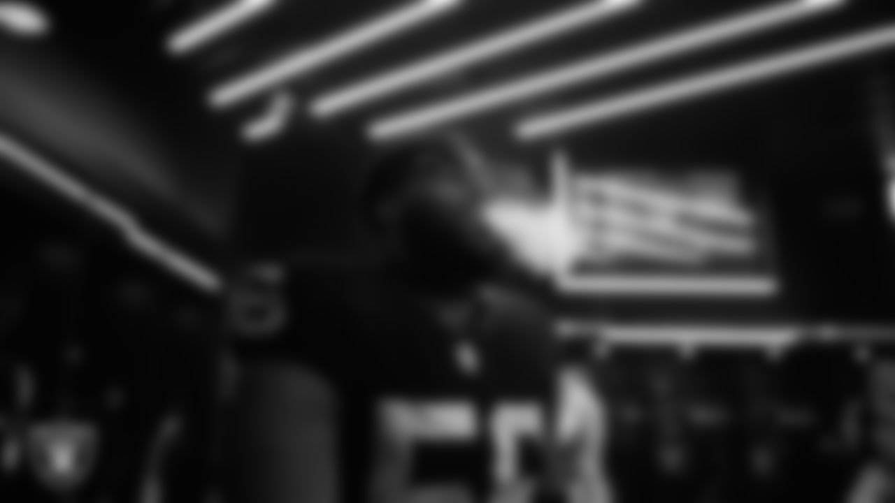Las Vegas Raiders linebacker Amari Burney (56) in the locker room after the regular season home game against the New York Giants at Allegiant Stadium.