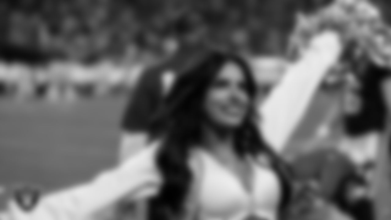 Raiderette Annalise on the sidelines during the regular season home game against the Kansas City Chiefs at Allegiant Stadium.
