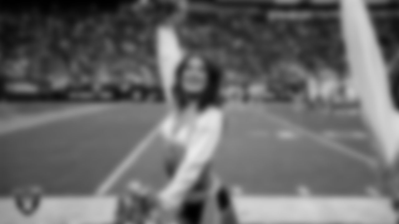 Raiderette Macy on the sidelines during the regular season home game against the New York Giants at Allegiant Stadium.
