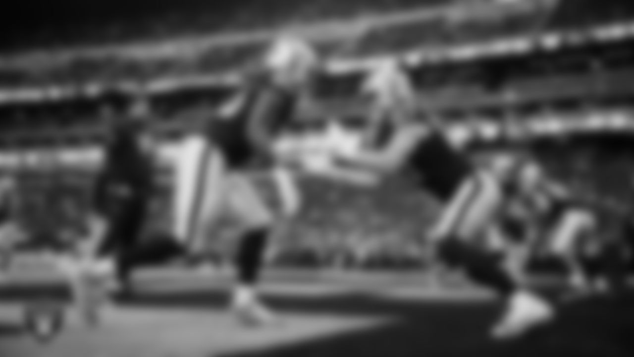 Las Vegas Raiders tight end Ian Thomas (80) and tight end Michael Mayer (87) warming up before the regular season home game against the Cleveland Browns at Allegiant Stadium.