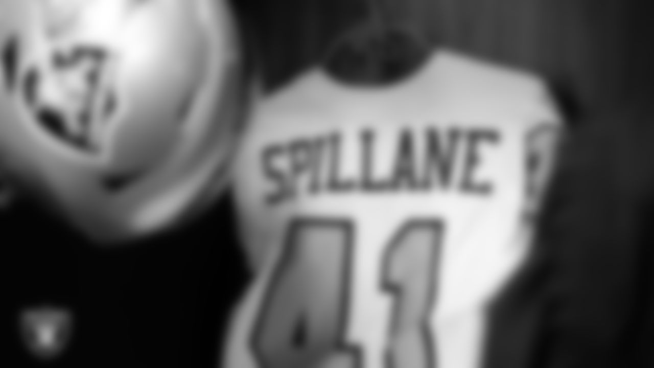 Las Vegas Raiders linebacker Robert Spillane's (41) jersey in the locker room prior to the Las Vegas Raiders' arrival for their regular season away game against the Kansas City Chiefs at GEHA Field at Arrowhead Stadium.