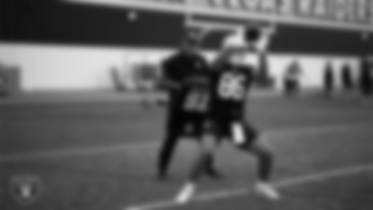 Las Vegas Raiders tight end Albert Okwuegbunam (86) during practice at Intermountain Health Performance Center.