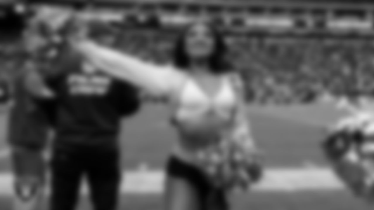 Raiderette Sloane on the sidelines during the regular season home game against the Jacksonville Jaguars at Allegiant Stadium.