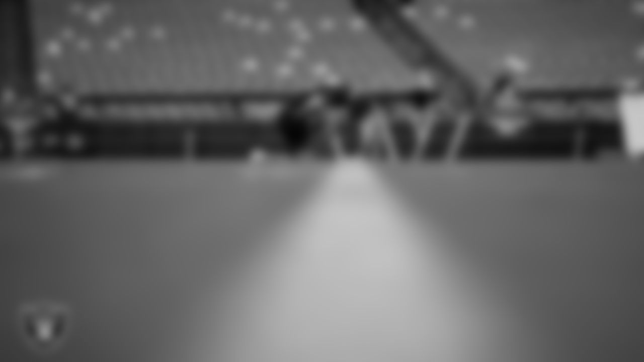 Las Vegas Raiders safety Tristin McCollum (27) warming up before the regular season away game against the Washington Commanders at Northwest Stadium.