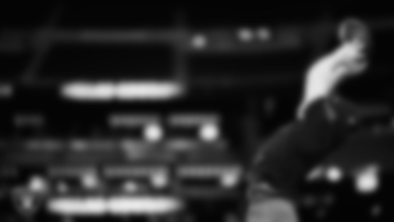 Las Vegas Raiders wide receiver Tre Tucker (1) warming up before the regular season home game against the Dallas Cowboys at Allegiant Stadium.