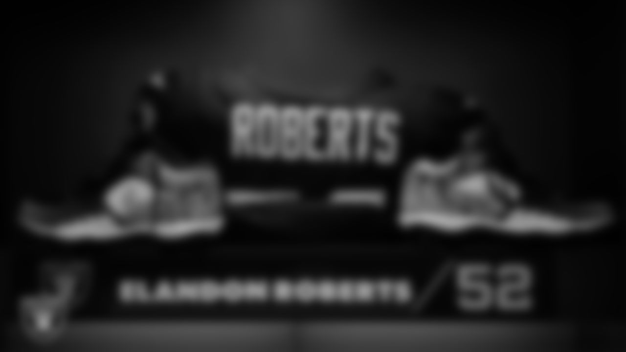 Las Vegas Raiders linebacker Elandon Roberts' (52) locker in the locker room prior to the Las Vegas Raiders' arrival for their regular season home game against the Cleveland Browns at Allegiant Stadium.