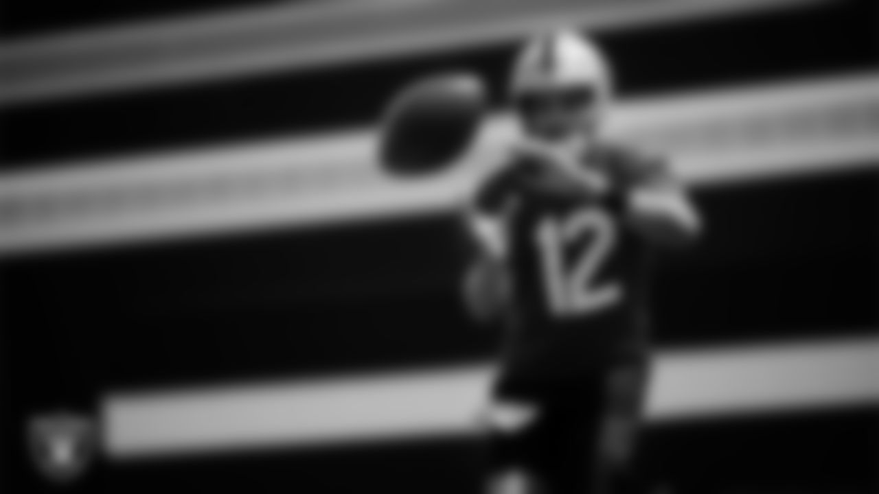 Las Vegas Raiders quarterback Aidan O'Connell (12) at an Organized Team Activity (OTA) at Intermountain Health Performance Center.