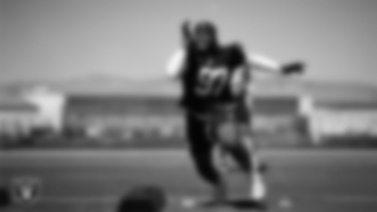 Las Vegas Raiders defensive tackle Tonka Hemingway (97) at a workout during phase two of the offseason program at Intermountain Health Performance Center.