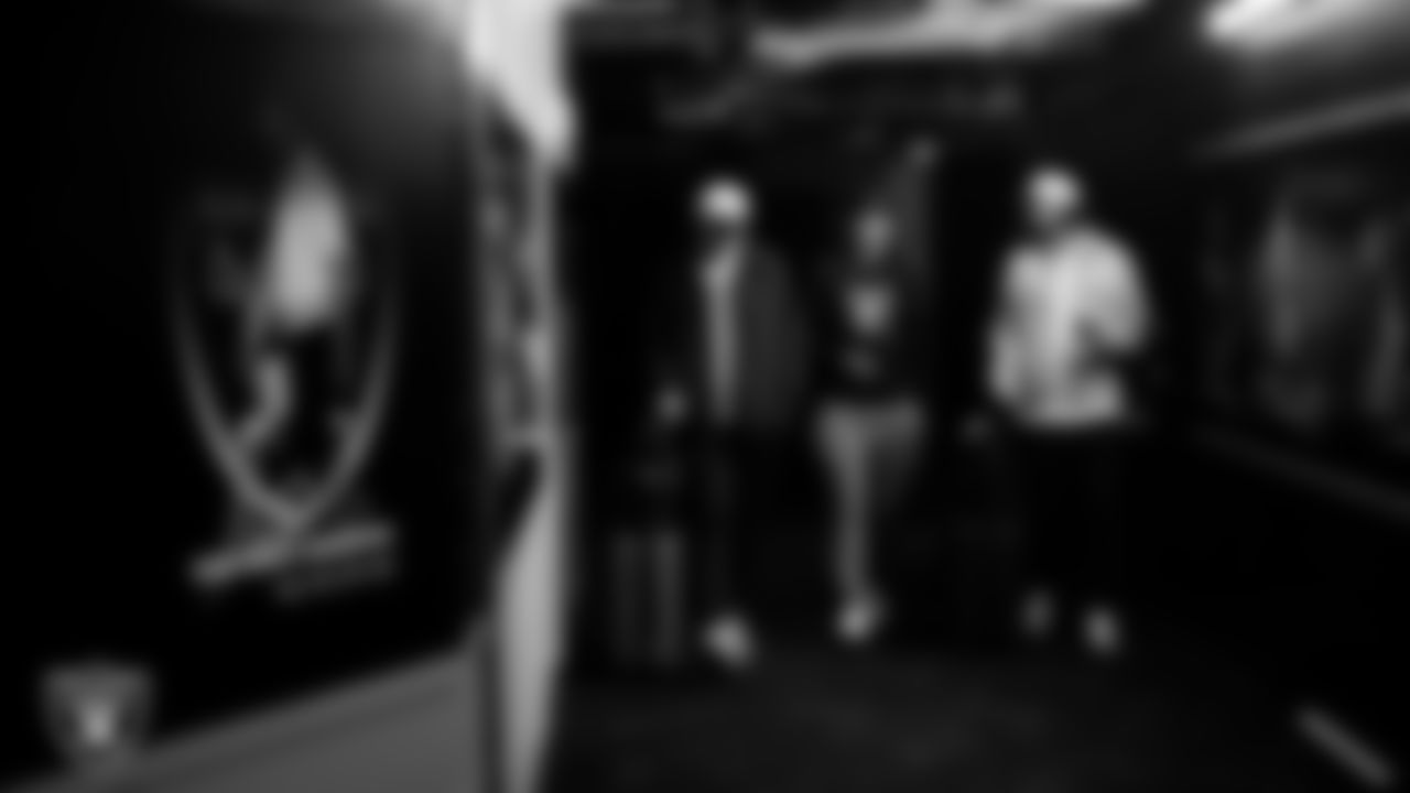 Las Vegas Raiders kicker Daniel Carlson (8), quarterback Aidan O'Connell (12) and punter AJ Cole (6) arrive to the regular season home game against the Denver Broncos at Allegiant Stadium.