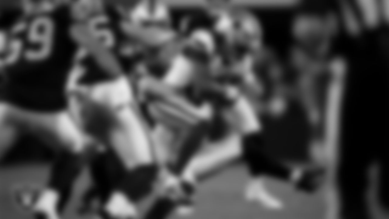 Las Vegas Raiders linebacker Tommy Eichenberg (44) makes a tackle during the regular season home game against the Dallas Cowboys at Allegiant Stadium.