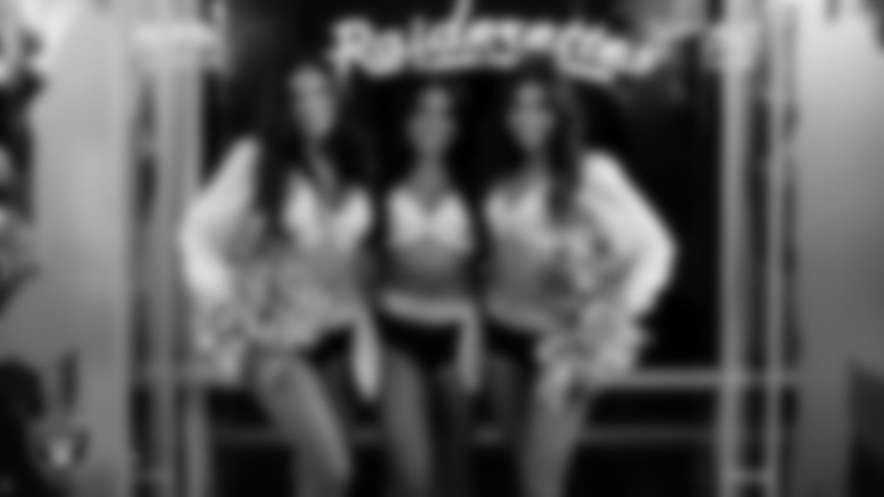 Raiderettes Cheyanne, Sloane and Maddie in the locker room before the regular season home game against the Dallas Cowboys at Allegiant Stadium.