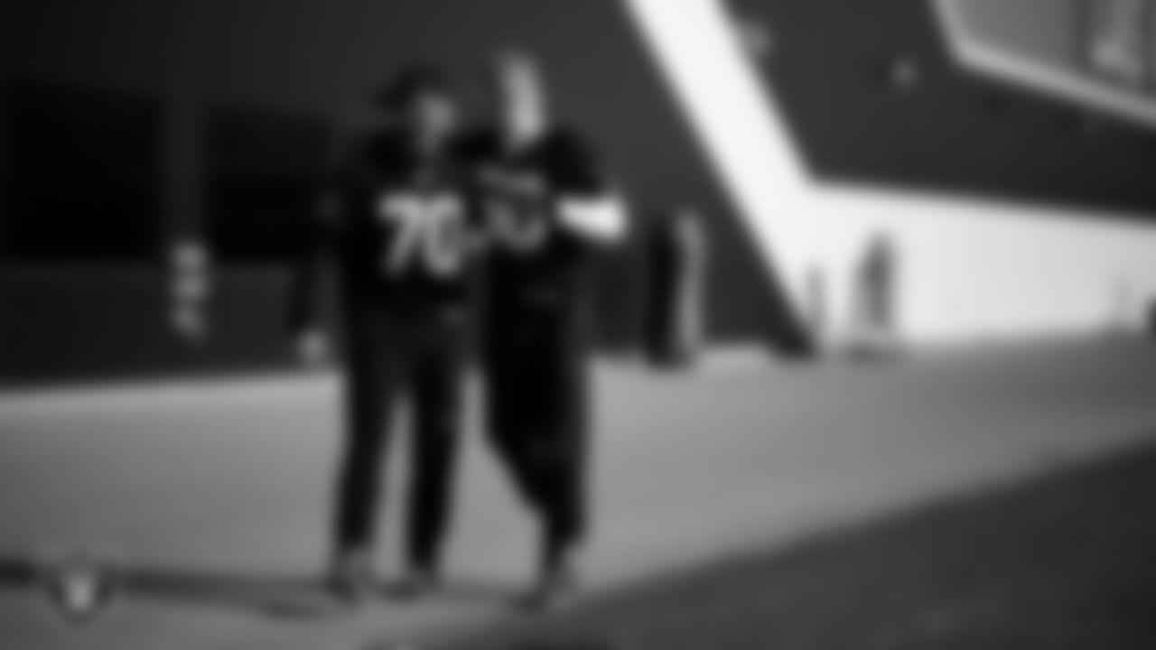 Las Vegas Raiders linebacker Jon Rhattigan (59) and linebacker Cody Lindenberg (55) during practice at Intermountain Health Performance Center.