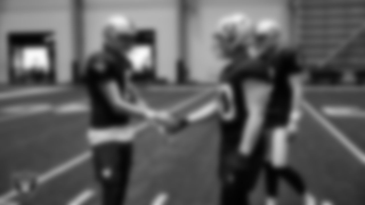 Las Vegas Raiders punter AJ Cole (6) and long snapper Jacob Bobenmoyer (50) during practice at Intermountain Health Performance Center.