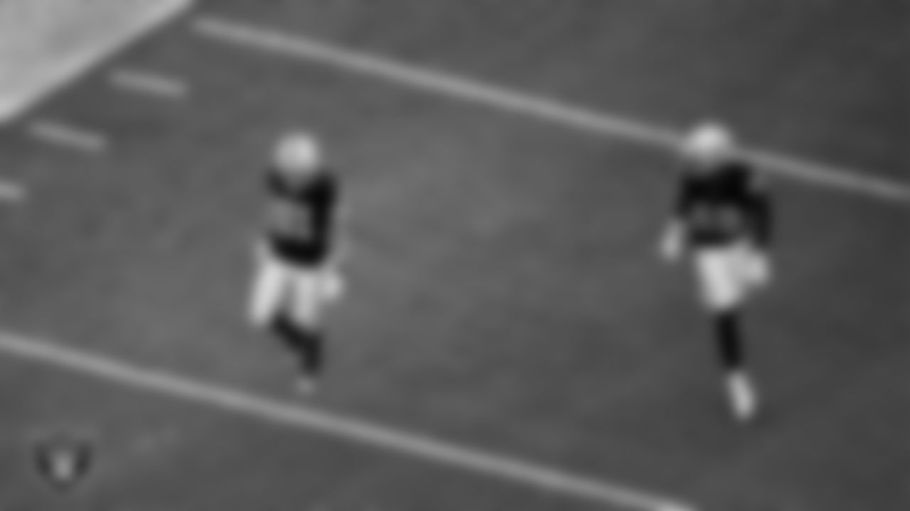 Las Vegas Raiders wide receiver Alex Bachman (81) returns a punt during the regular season home game against the Tennessee Titans at Allegiant Stadium.