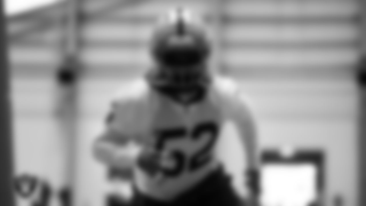 Las Vegas Raiders linebacker Elandon Roberts (52) during practice at Intermountain Health Performance Center.