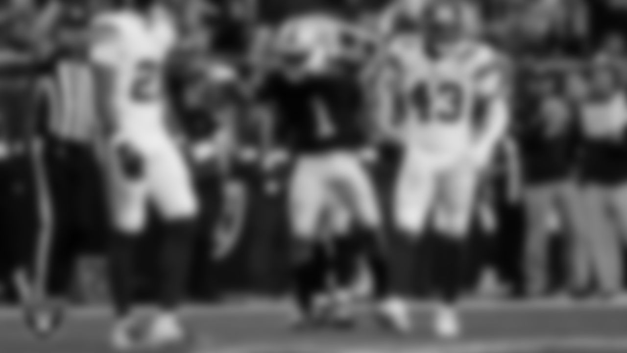 Las Vegas Raiders wide receiver Tre Tucker (1) celebrates after making a first down during the regular season home game against the New York Giants at Allegiant Stadium.