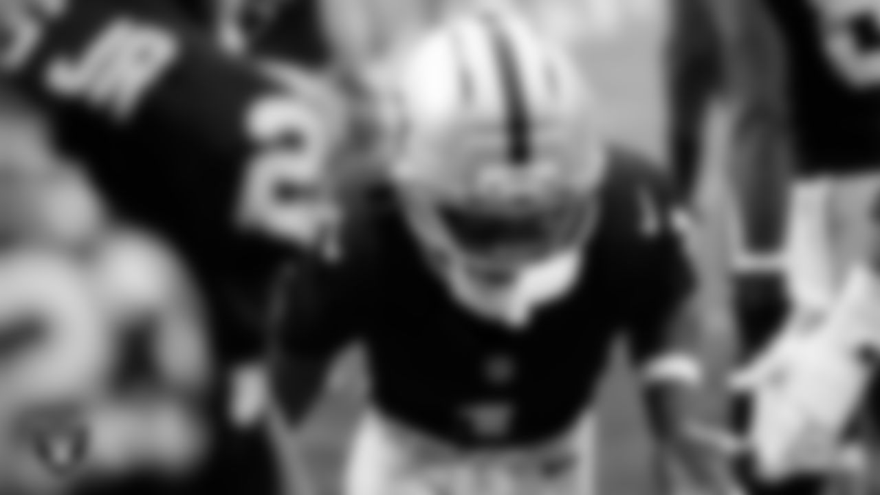 Las Vegas Raiders wide receiver Tre Tucker (1) is introduced onto the field before the regular season home game against the Cleveland Browns at Allegiant Stadium.