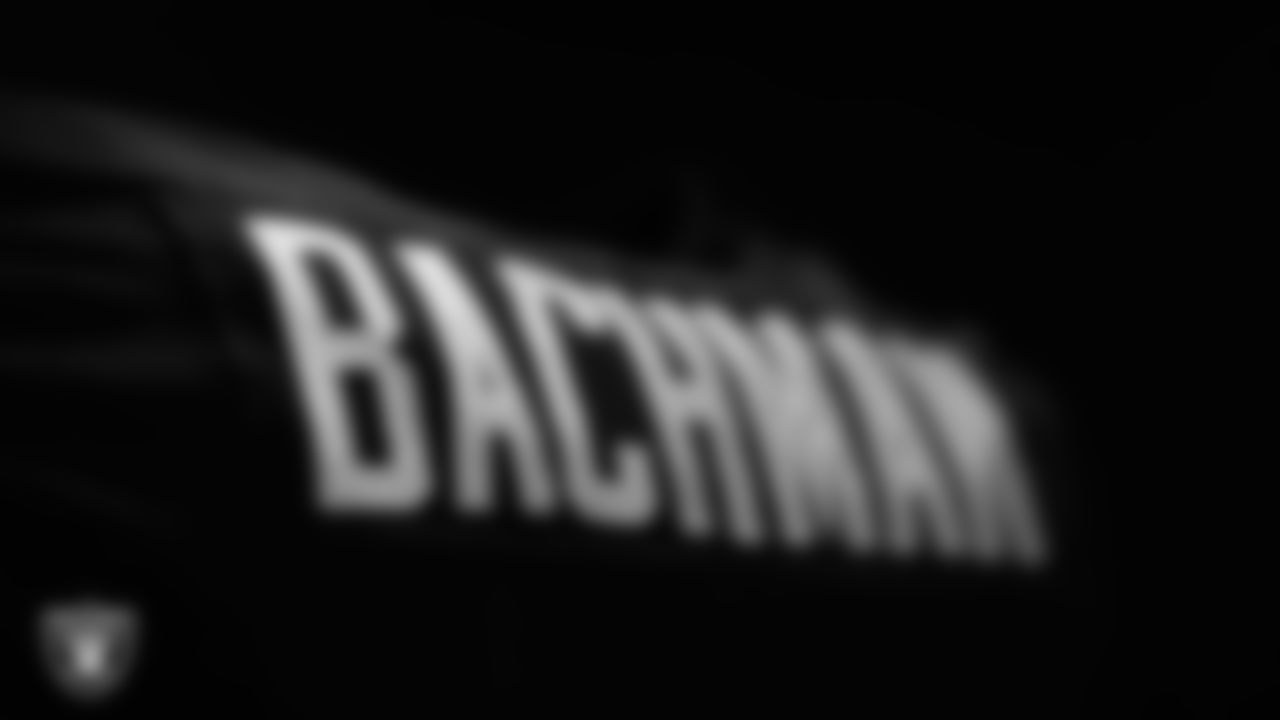 Las Vegas Raiders wide receiver Alex Bachman's (81) pads in the locker room prior to the Raiders' arrival for their regular season home game against the New York Giants at Allegiant Stadium.