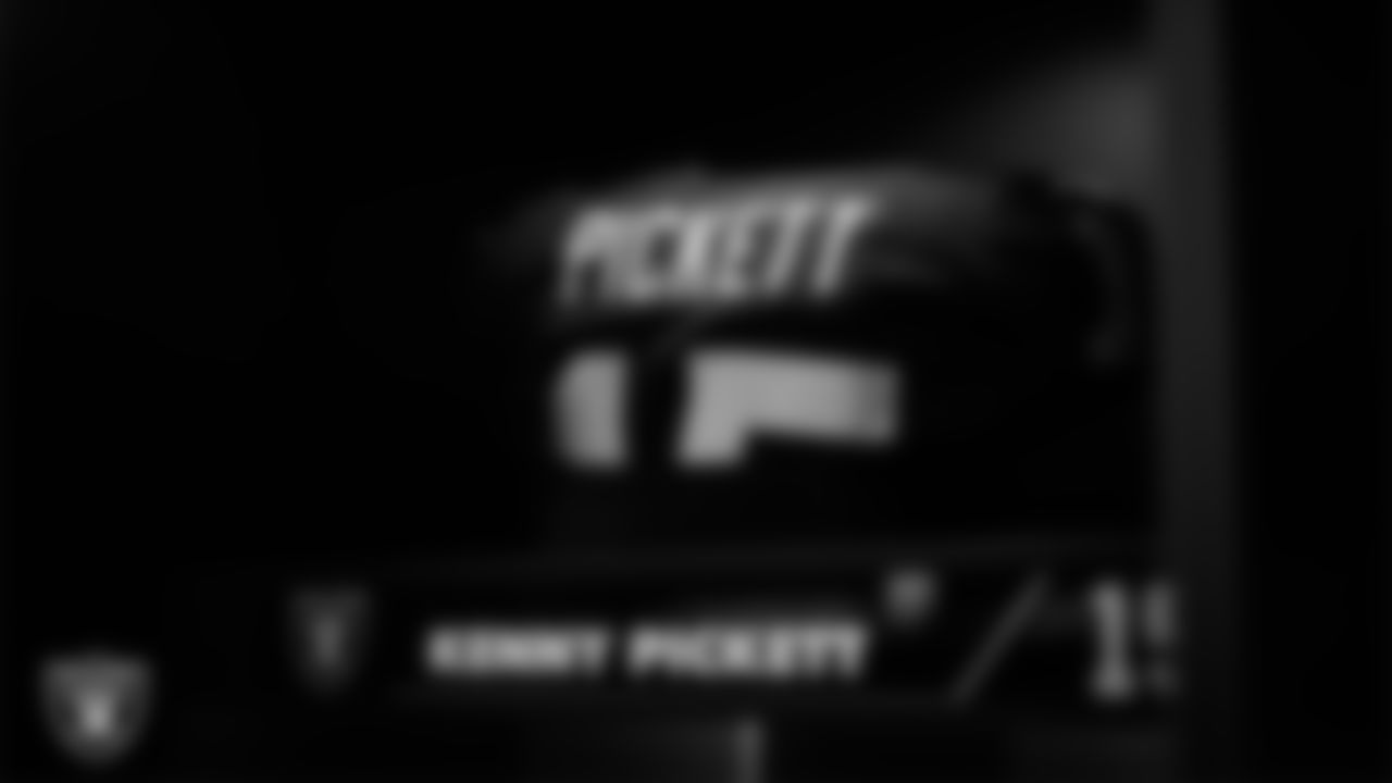 Las Vegas Raiders quarterback Kenny Pickett's (15) pads in the locker room prior to the Raiders' arrival for their regular season home game against the Denver Broncos at Allegiant Stadium.