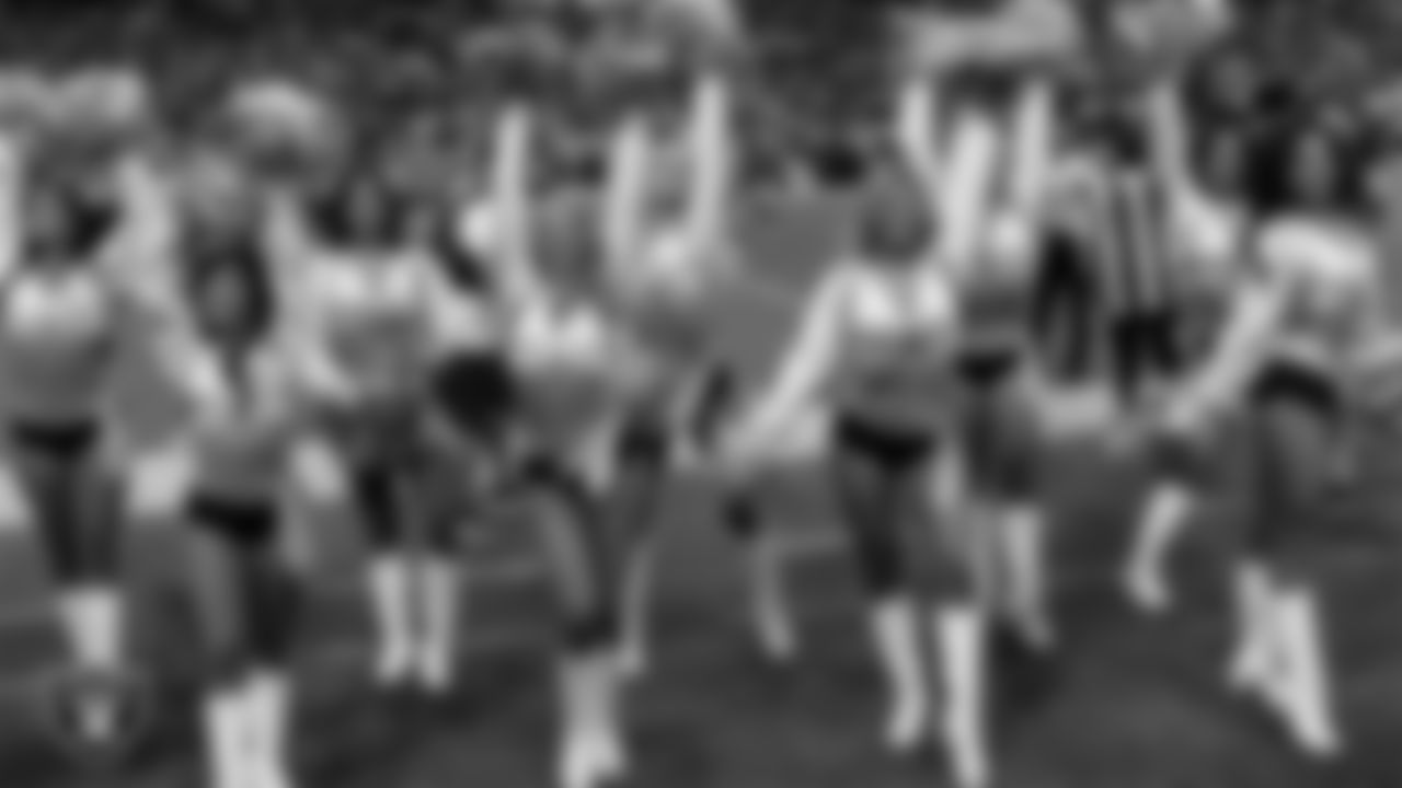 The Raiderettes on the sidelines during the regular season home game against the Jacksonville Jaguars at Allegiant Stadium.