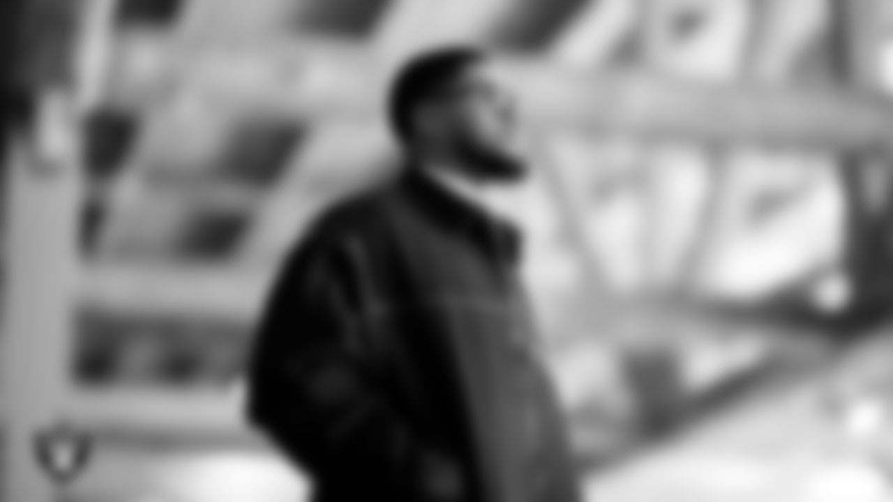 Las Vegas Raiders defensive tackle Jonah Laulu (96) arrives to the regular season home game against the Jacksonville Jaguars at Allegiant Stadium.