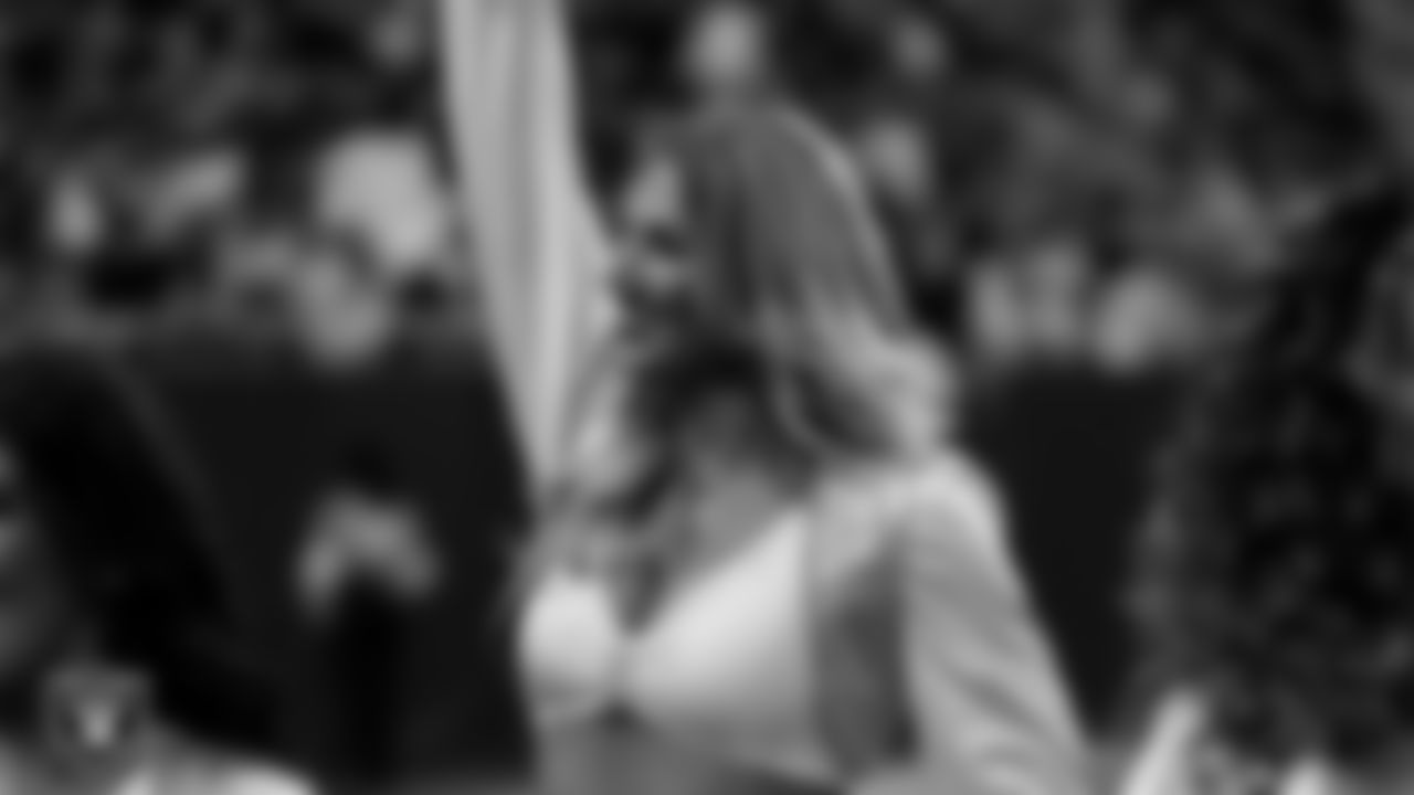 Raiderette Cori on the sidelines during the regular season home game against the New York Giants at Allegiant Stadium.