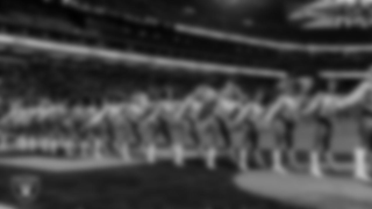 The Raiderettes perform on the field during the regular season home game against the Dallas Cowboys at Allegiant Stadium.