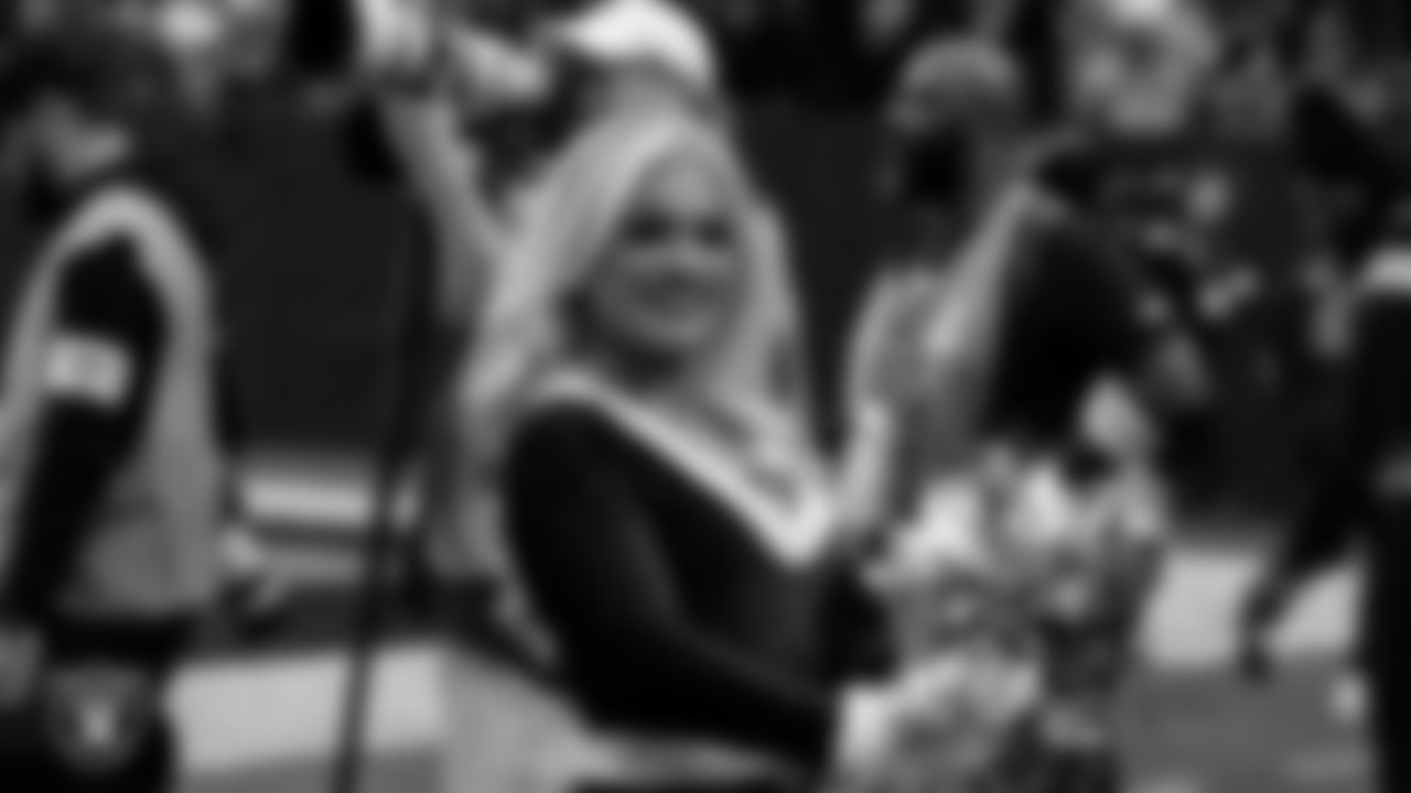 Raiderette Pip on the sidelines during the regular season home game against the New York Giants at Allegiant Stadium.