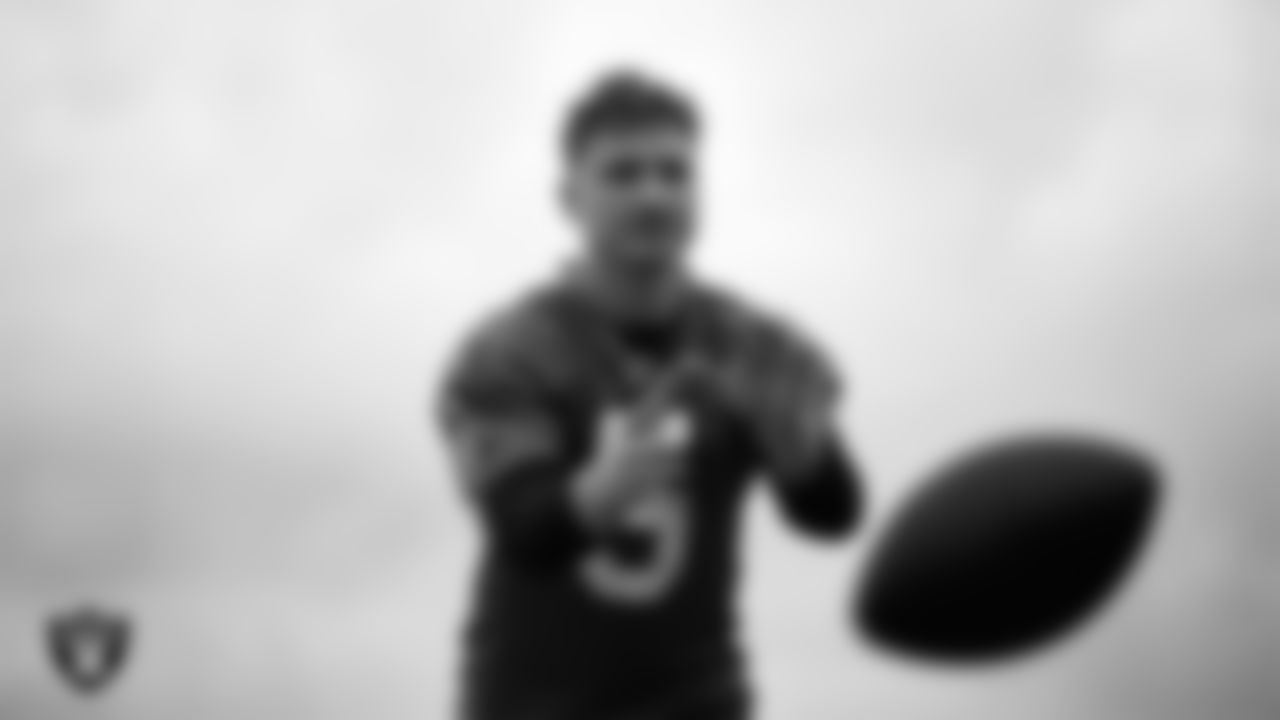 Las Vegas Raiders quarterback Cam Miller (5) during practice at Intermountain Health Performance Center.