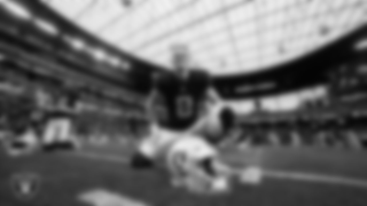 Las Vegas Raiders kicker Daniel Carlson (8) warming up before the regular season home game against the Denver Broncos at Allegiant Stadium.