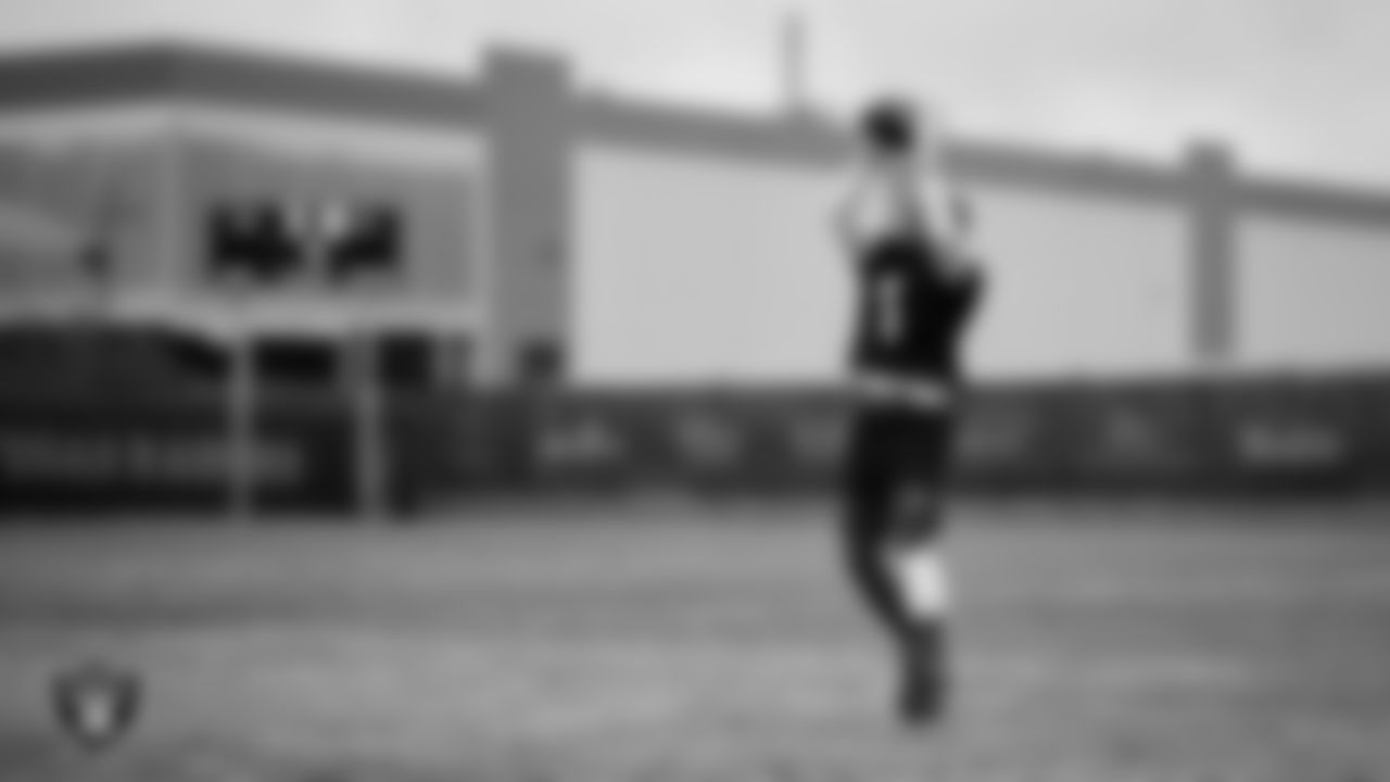 Las Vegas Raiders wide receiver Tre Tucker (1) during practice at Intermountain Health Performance Center.