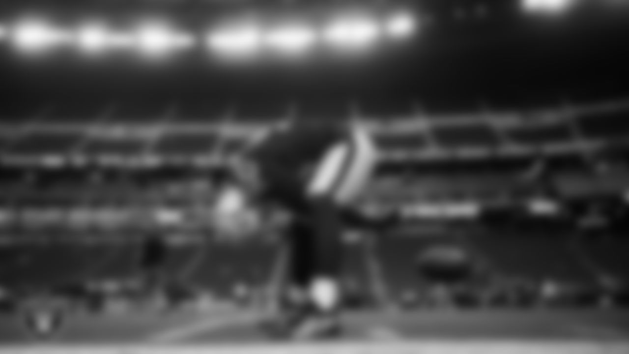 Las Vegas Raiders long snapper Jacob Bobenmoyer (50) warming up before the regular season home game against the Denver Broncos at Allegiant Stadium.