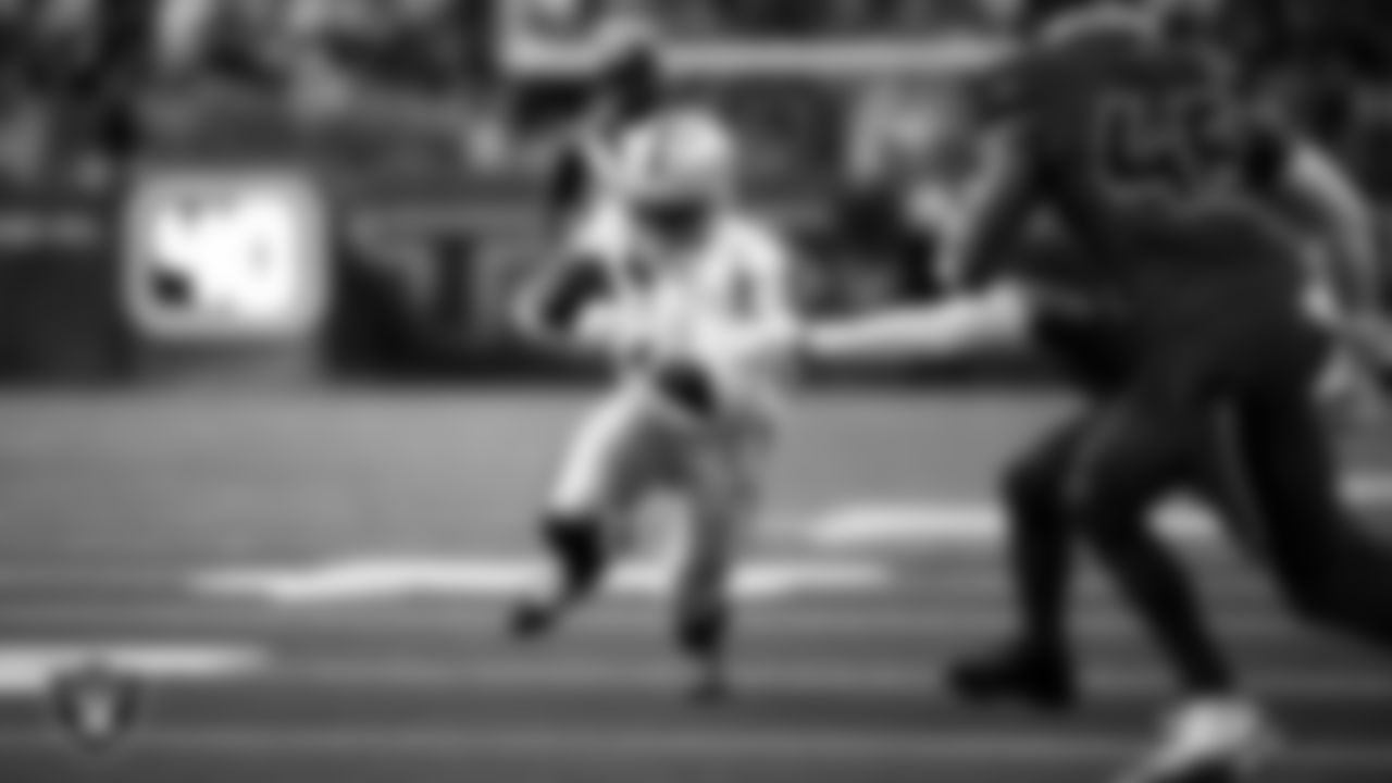 Las Vegas Raiders wide receiver Tre Tucker (1) runs after making a catch during the regular season away game against the Houston Texans at NRG Stadium.