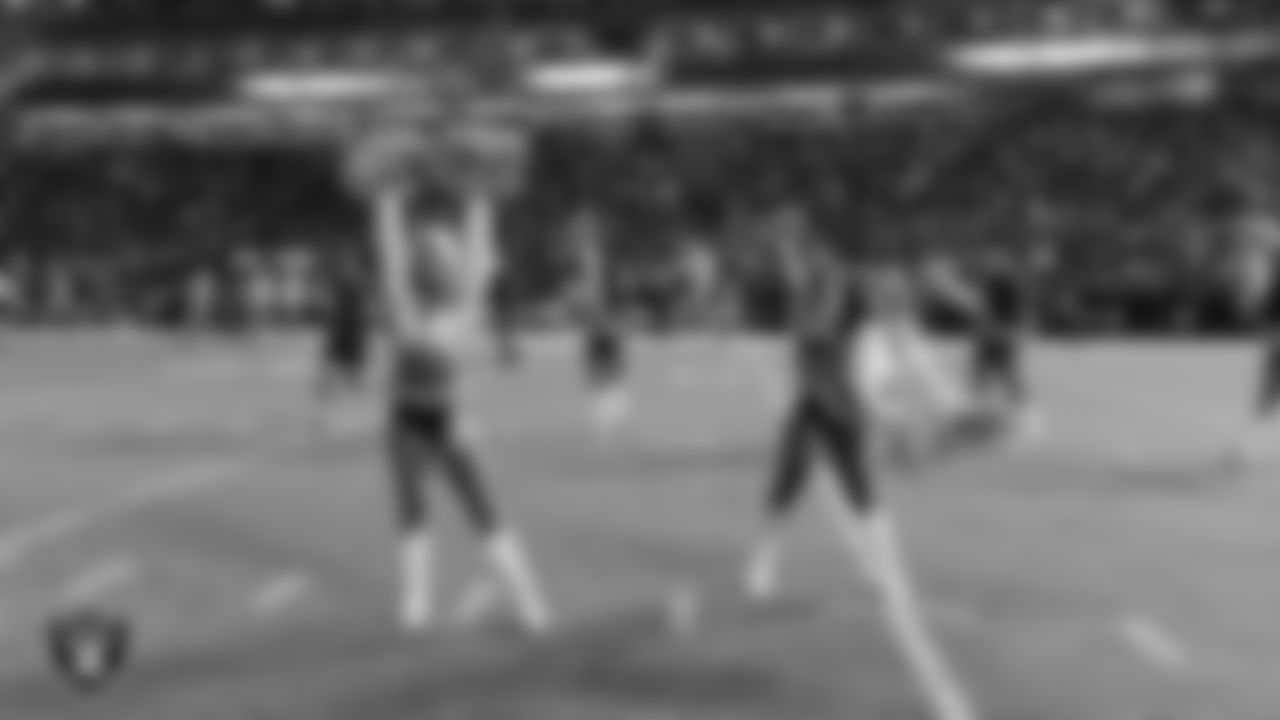 Raiderettes Pip and Ashtin during player introductions before the regular season home game against the Los Angeles Chargers at Allegiant Stadium.