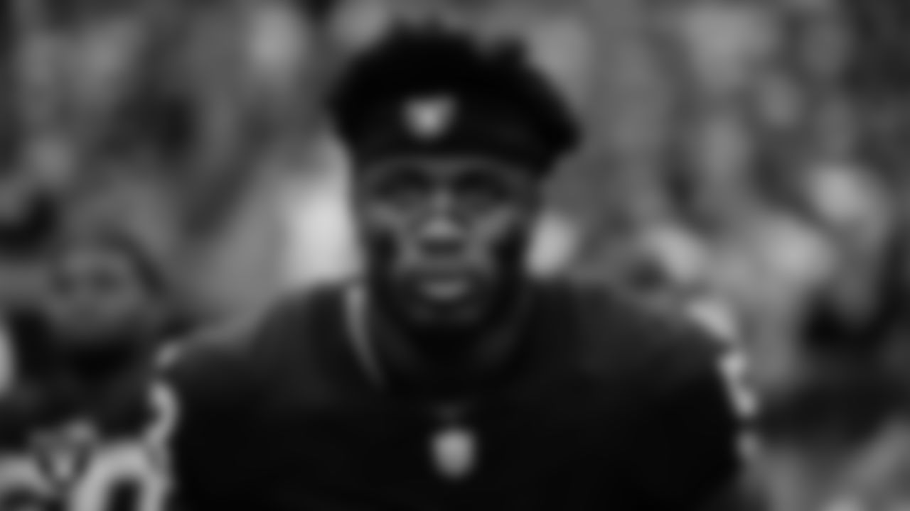 Las Vegas Raiders linebacker Amari Gainer (53) during the national anthem before the preseason home game against the San Francisco 49ers at Allegiant Stadium.