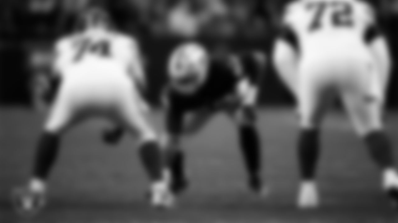 Las Vegas Raiders defensive tackle Adam Butler (69) lines up before the snap during the regular season home game against the New York Giants at Allegiant Stadium.