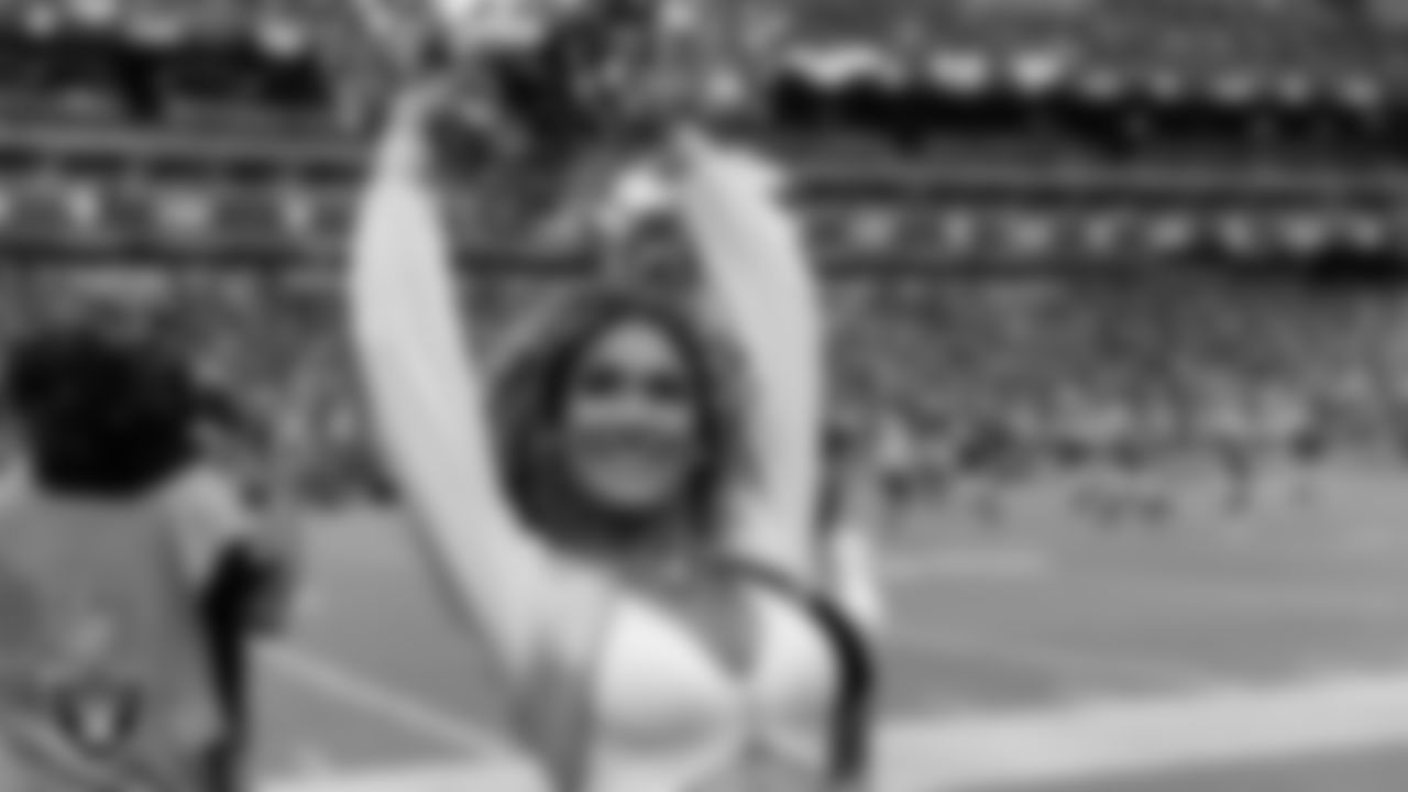 Raiderette Jenna on the sidelines during the preseason home game against the San Francisco 49ers at Allegiant Stadium.
