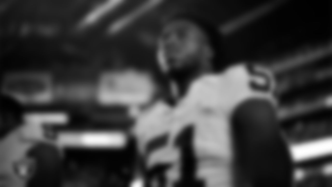 Las Vegas Raiders defensive end Malcolm Koonce (51) on the sidelines before the Las Vegas Raiders' regular season away game against the Indianapolis Colts at Lucas Oil Stadium.