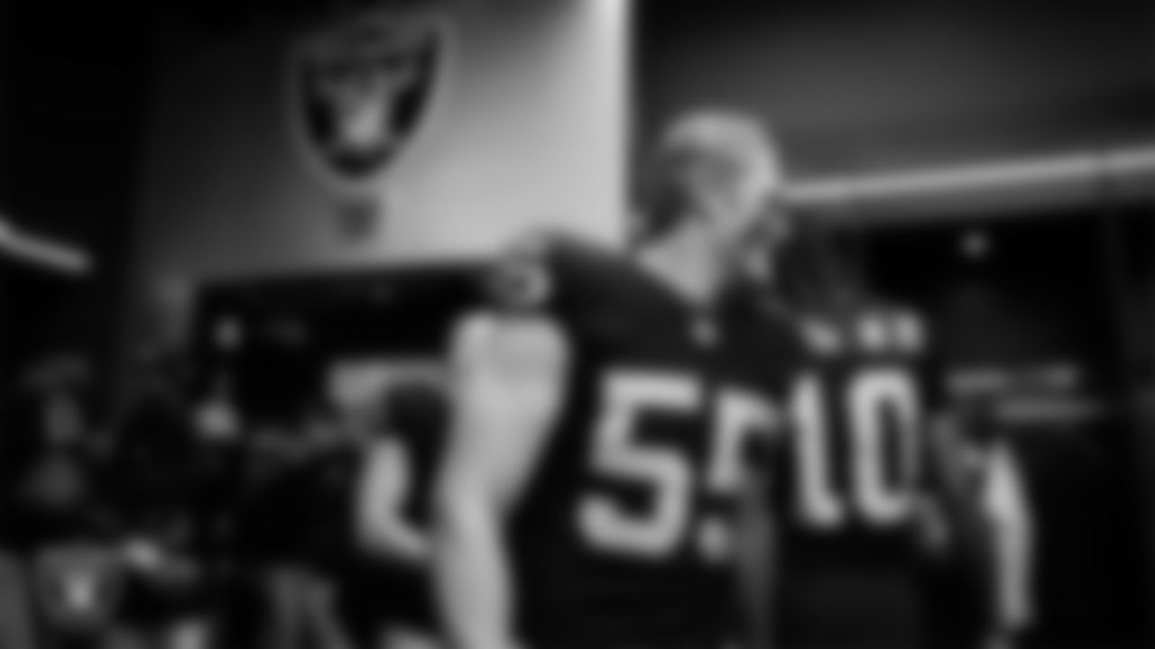 Las Vegas Raiders linebacker Cody Lindenberg (55) in the locker room after the regular season home game against the Tennessee Titans at Allegiant Stadium.