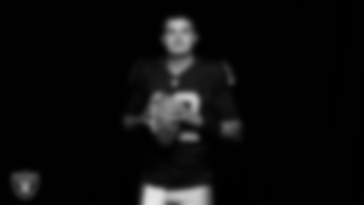 Las Vegas Raiders quarterback Aidan O'Connell (12) poses for a photo at the 2025 Raiders Media Day.