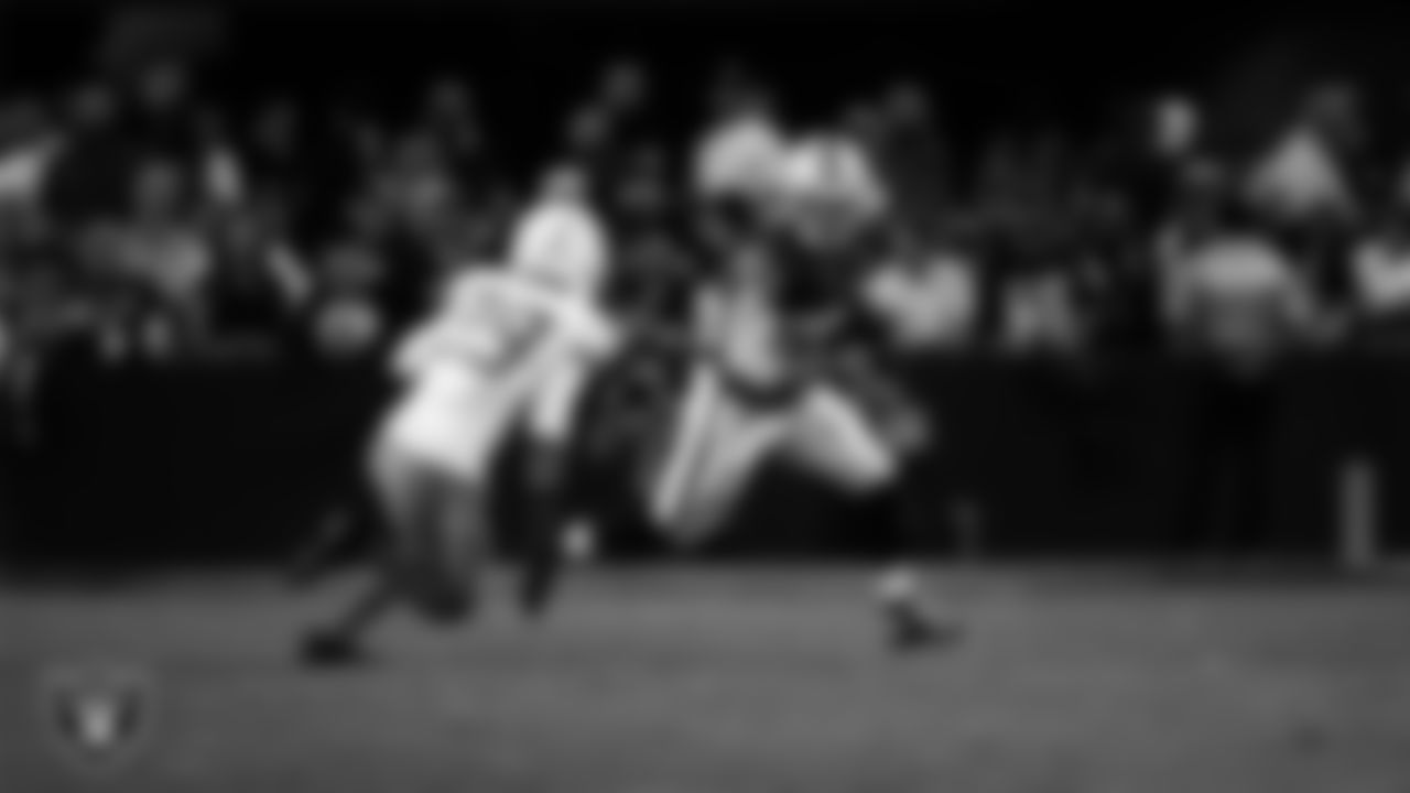 Las Vegas Raiders running back Dylan Laube (23) runs after making a catch during the regular season home game against the Los Angeles Chargers at Allegiant Stadium.