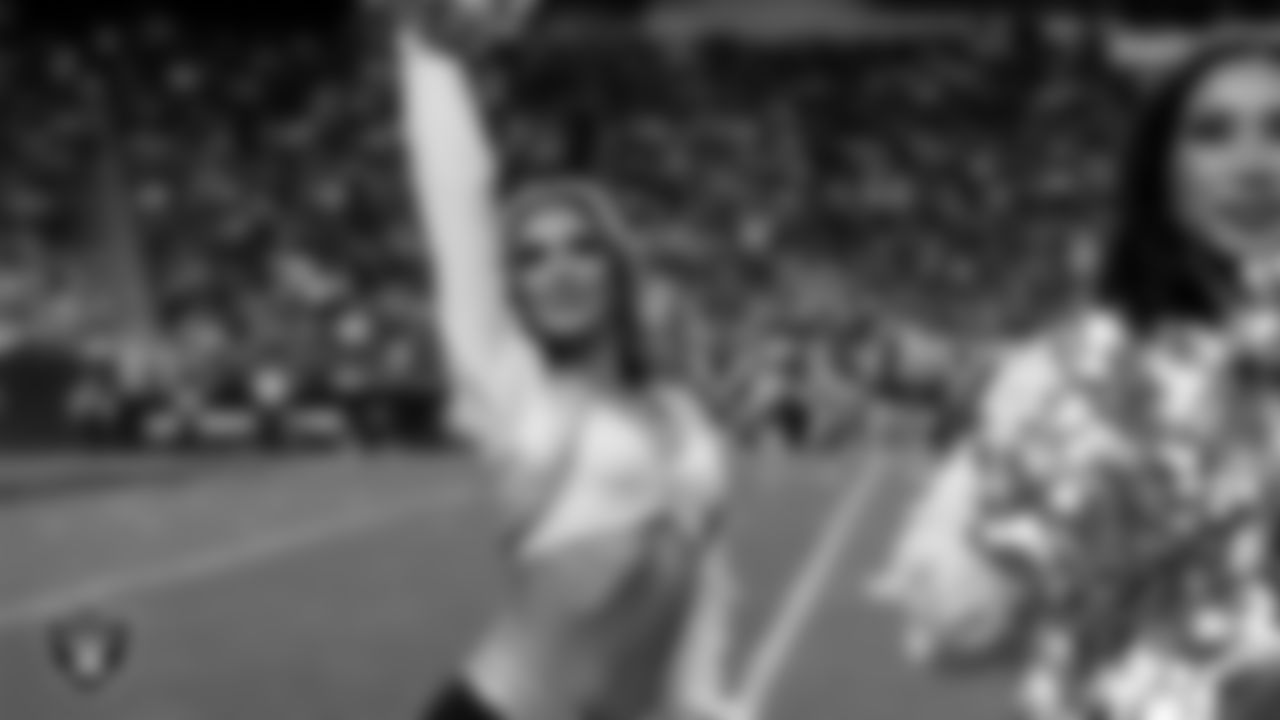 Raiderette Shelby on the sidelines during the regular season home game against the Kansas City Chiefs at Allegiant Stadium.
