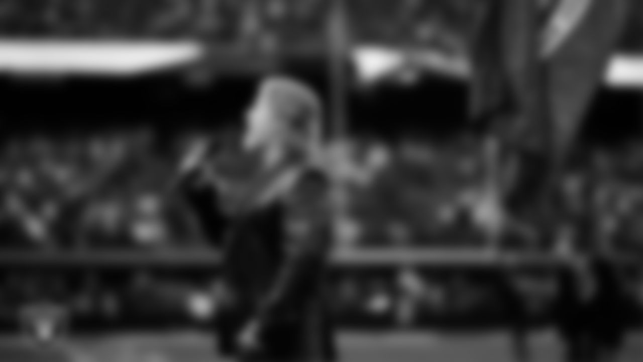 Singer Bucky Heard performs the national anthem before the Las Vegas Raiders' preseason home game against the San Francisco 49ers at Allegiant Stadium.