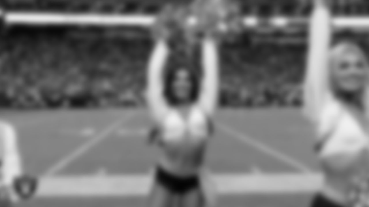 Raiderette Ashtin on the sidelines during the regular season home game against the Los Angeles Chargers at Allegiant Stadium.