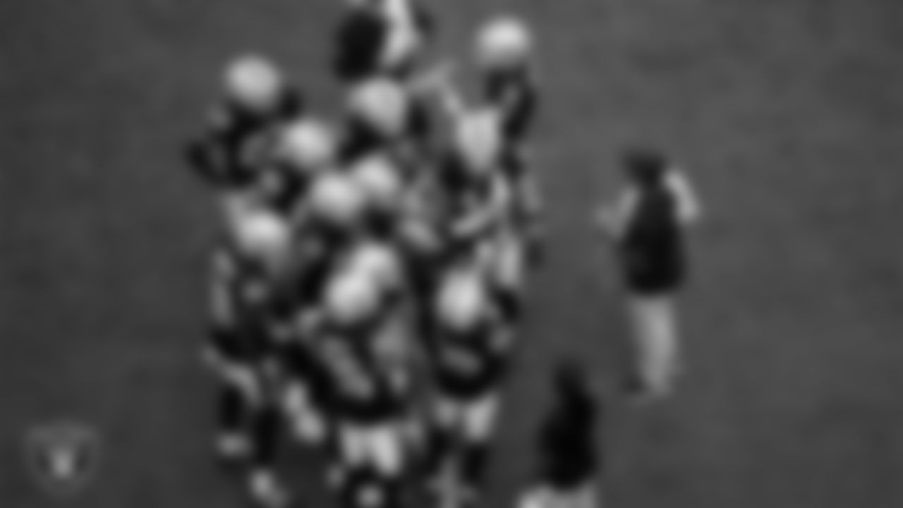 The Las Vegas Raiders special teams huddle during the regular season home game against the Chicago Bears at Allegiant Stadium.