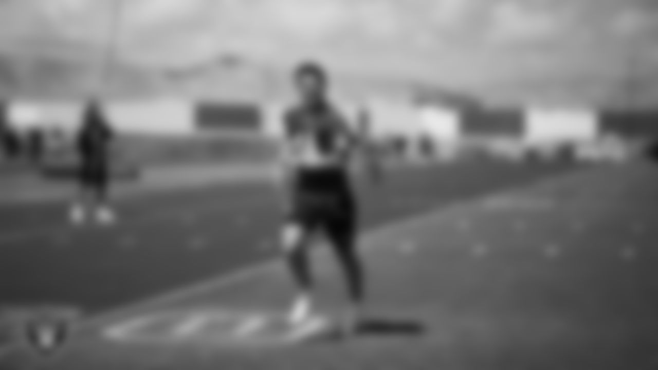 Las Vegas Raiders quarterback Carter Bradley (14) at a workout during phase two of the offseason program at Intermountain Health Performance Center.