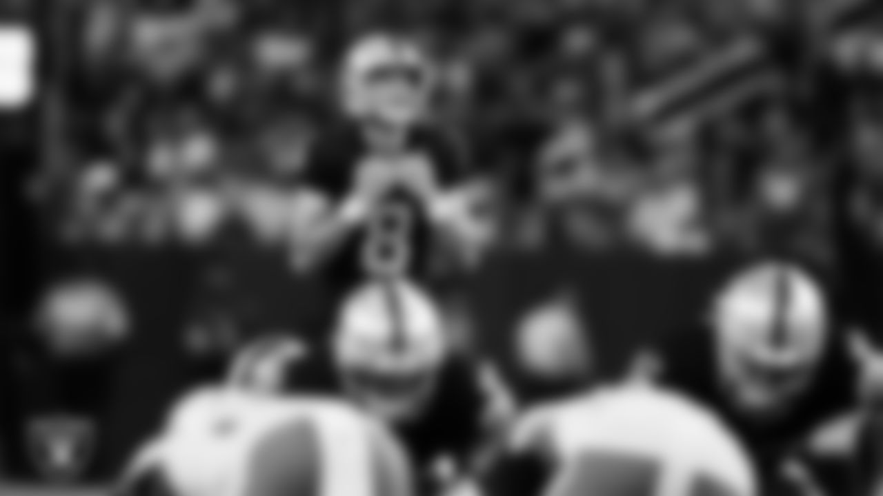 Las Vegas Raiders kicker Daniel Carlson (8) lines up before kicking a 40-yard field goal during the regular season home game against the Los Angeles Chargers at Allegiant Stadium.