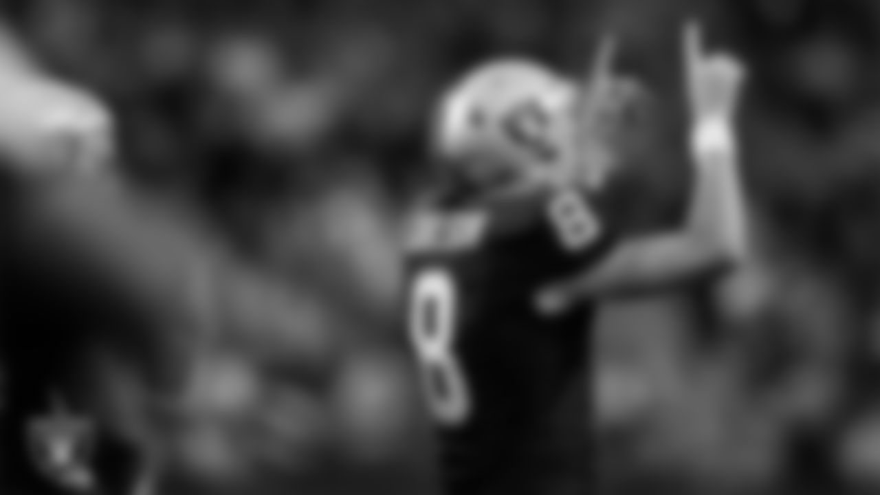 Las Vegas Raiders kicker Daniel Carlson (8) celebrates after kicking a 29-yard field goal during the regular season home game against the Chicago Bears at Allegiant Stadium.